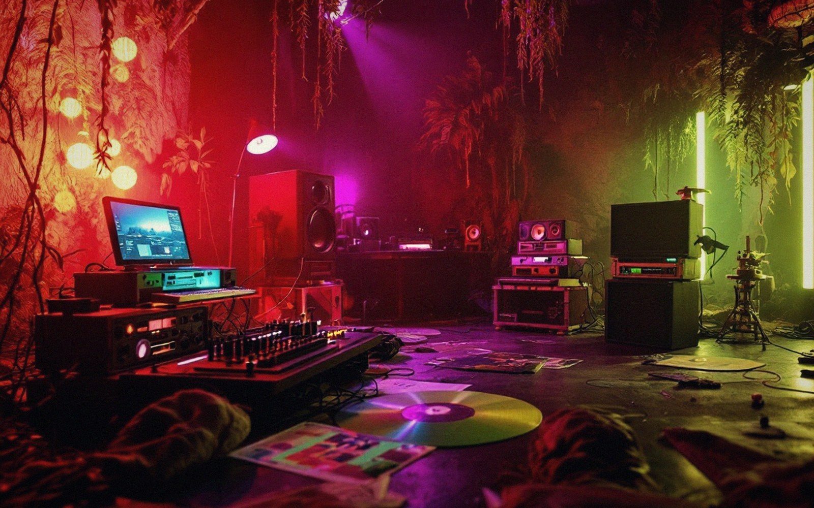 A cluttered music studio with mixers, speakers and vinyl records lit in neon red and green