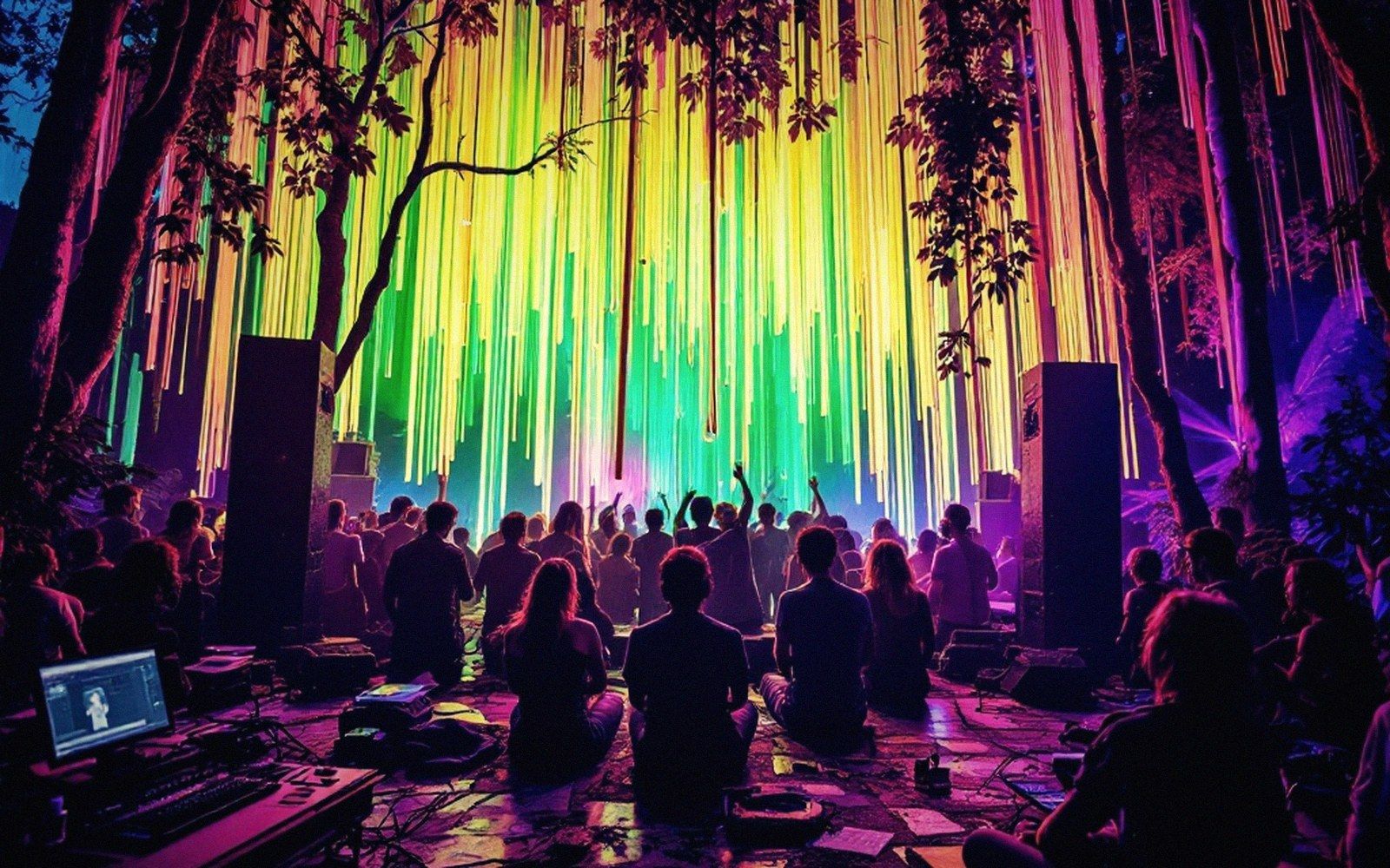 Crowd gathered in a forest clearing beneath vertical neon light strands at night