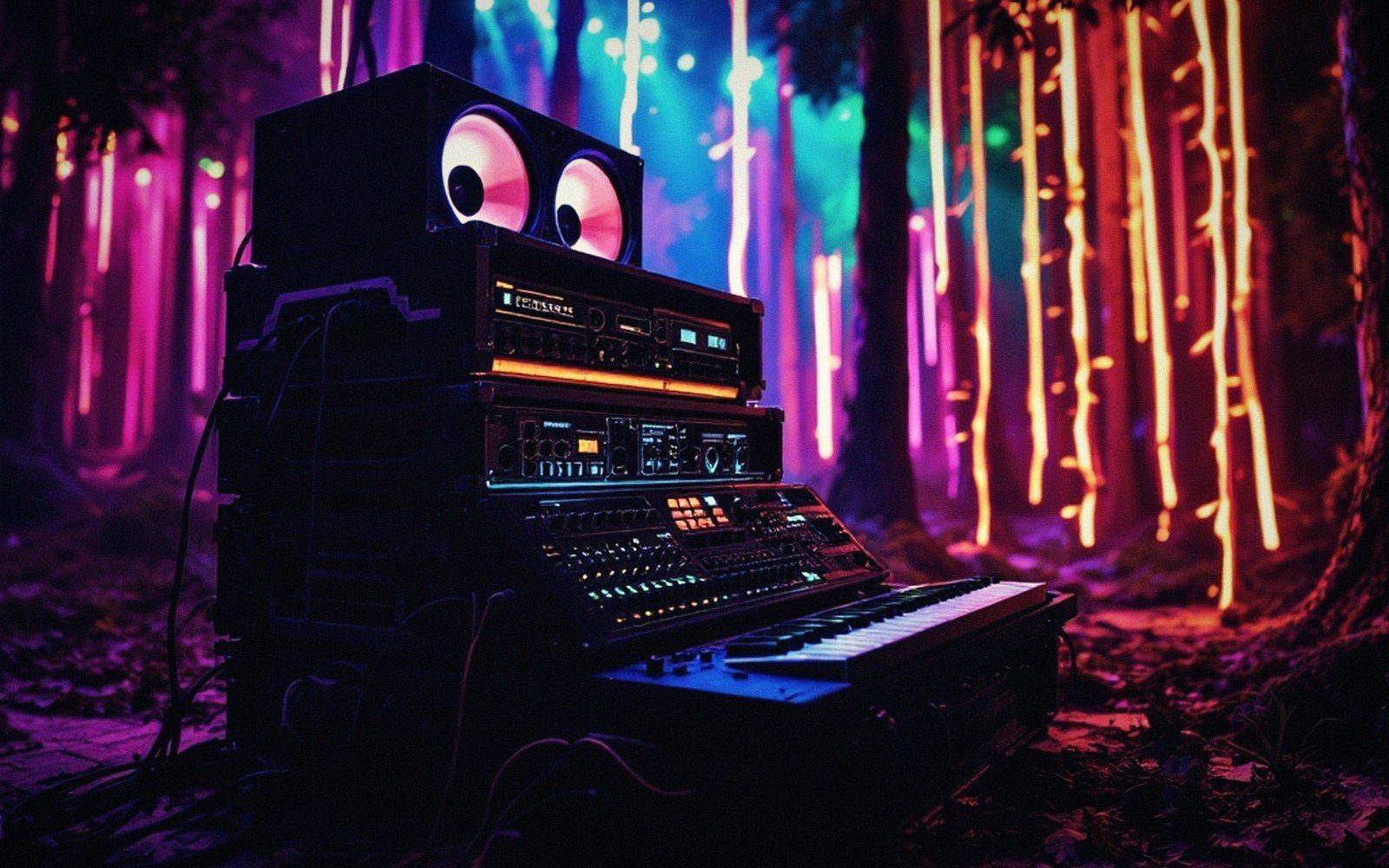 Stacked speaker, amplifier and keyboard equipment glow amid neon light streaks in a forest