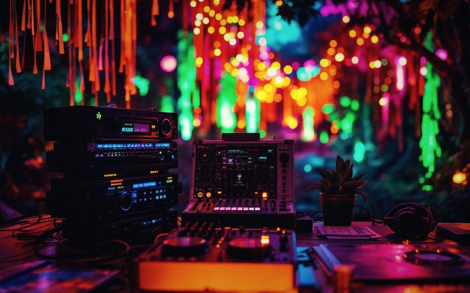 DJ mixing equipment on a table amid colorful hanging lights and streamers at night