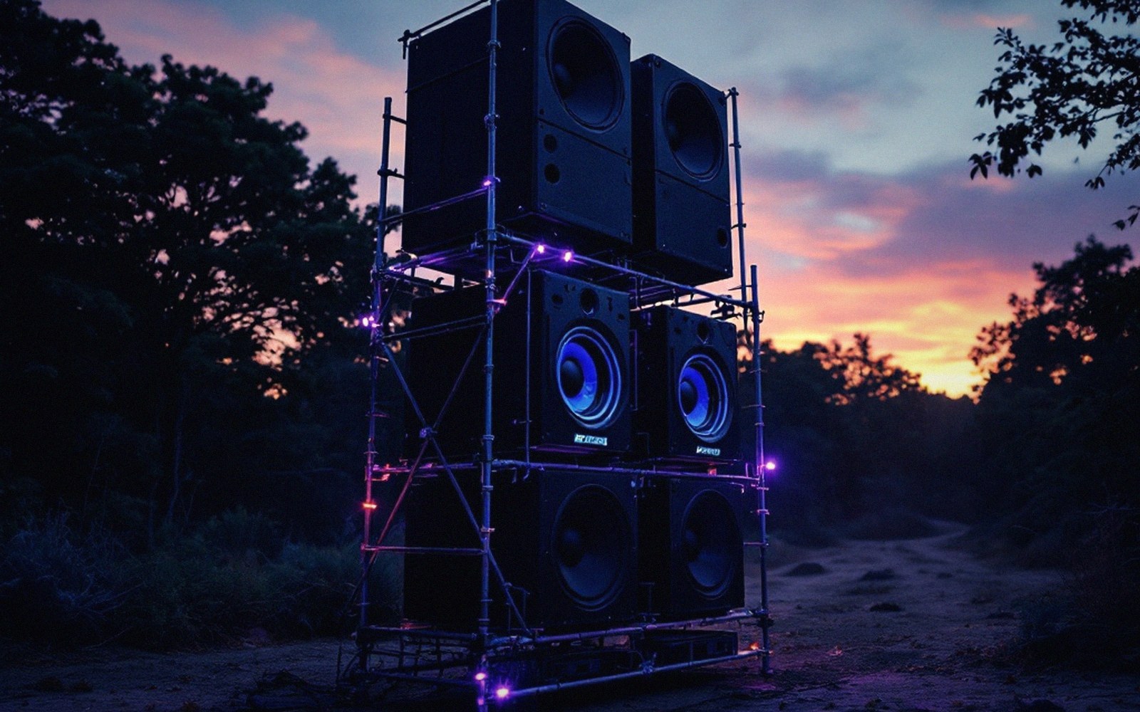 Stacked full-range psytrance sound system towers on a scaffold rig photographed at dusk, warm amber sky behind cold black cabinets